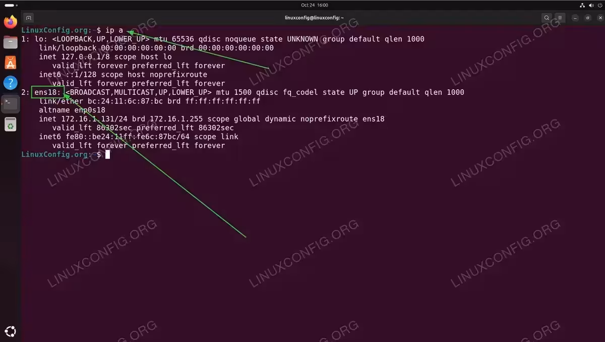 Ubuntu terminal showing ip a command output displaying ens18 network interface with IP address 172.16.1.131/24