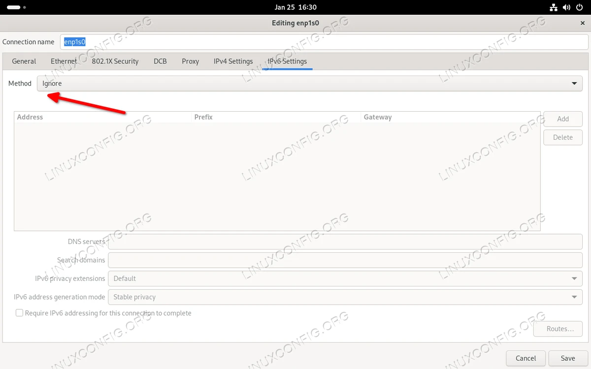 disabling IPv6 for the enp1s0 interface