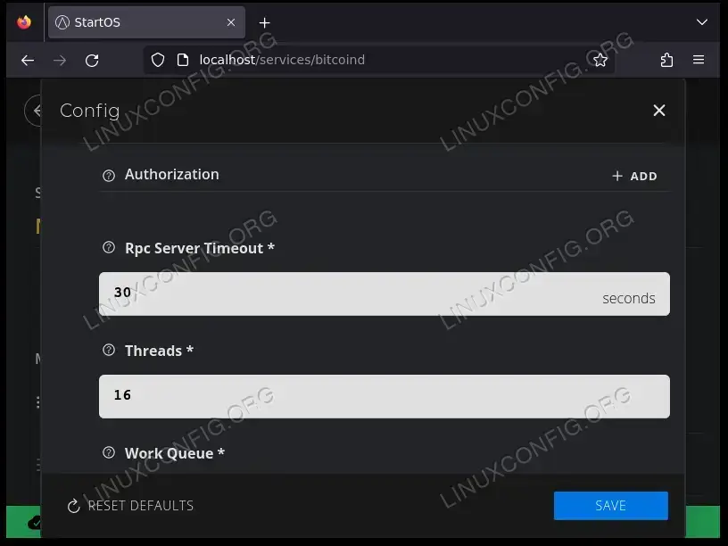 Configuring service settings in StartOS