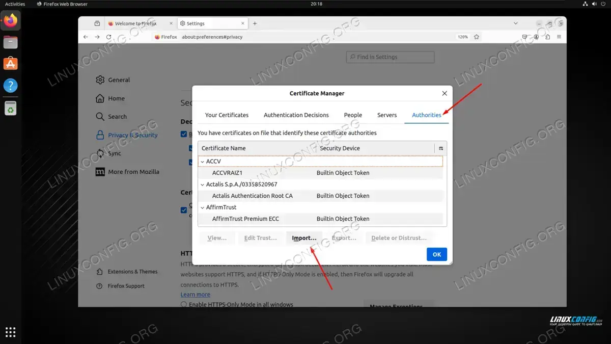 Importing a certificate into Mozilla Firefox