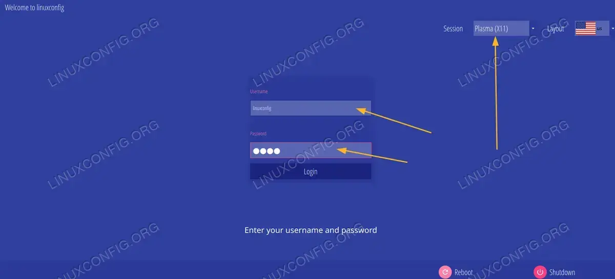 Select X11 session and enter login credentials