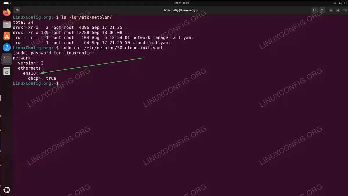 Terminal showing contents of 50-cloud-init.yaml file with ens18 interface configured for DHCP with dhcp4: true