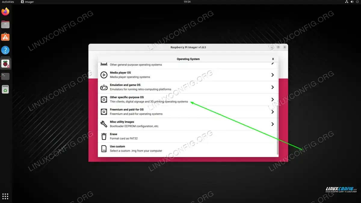 Navigating to the specific purpose OS options