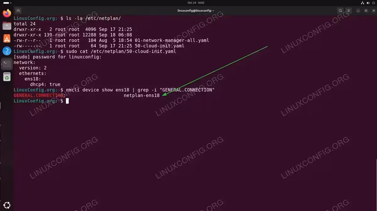 Terminal output showing nmcli device show command confirming ens18 interface is managed by netplan-ens18 connection