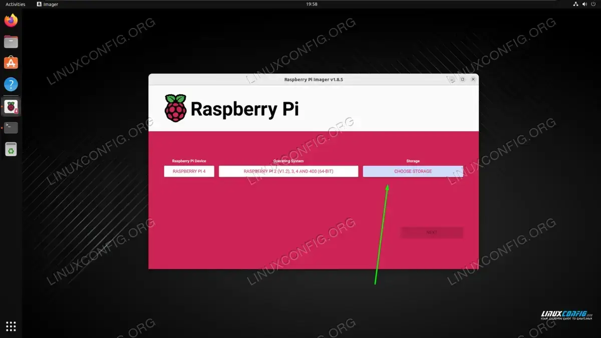 Selecting the storage device for the Raspberry Pi imager tool to use