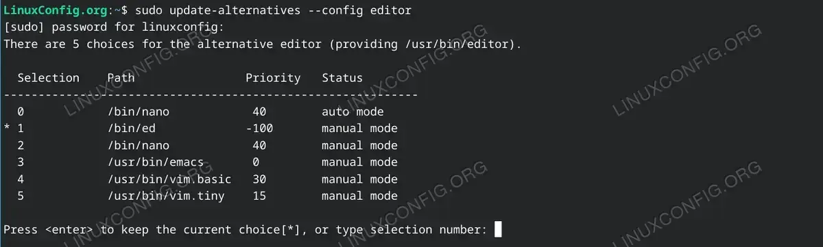 Using update-alternatives to set a System-wide Configuration text editor preference