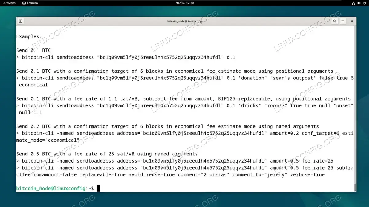 Examples showing how to send Bitcoin to an address via command line