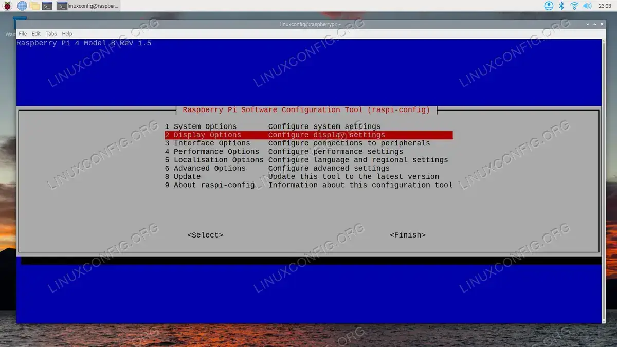 Open the 'display options' menu within the Raspi config utility