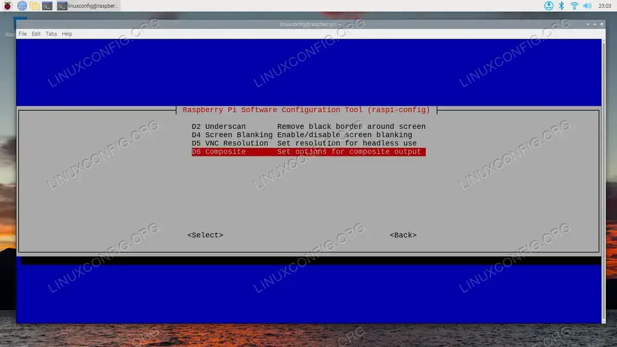 Accessing the composite settings screen in Raspi config