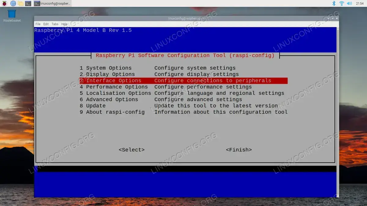 Selecting the interface options from Raspberry Pi config tool