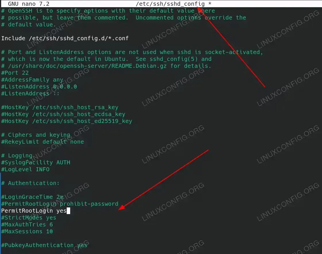 Debian SSH configuration file showing PermitRootLogin yes setting in nano text editor