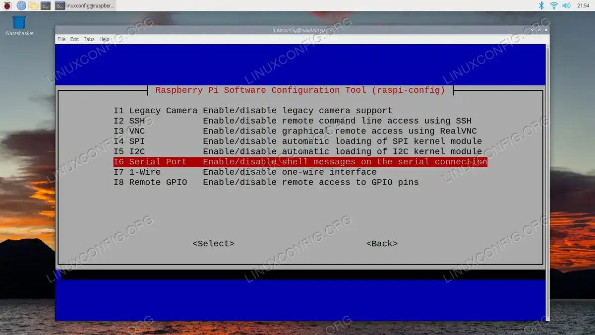 Navigating to the Serial Port option in Raspberry Pi config tool