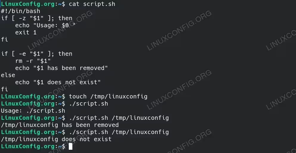 This script will first check if the file/directory exists before using rm command in the script to remove files or directories based on the command line argument