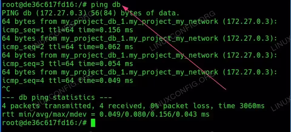 Successful pings indicate that your containers are correctly networked.