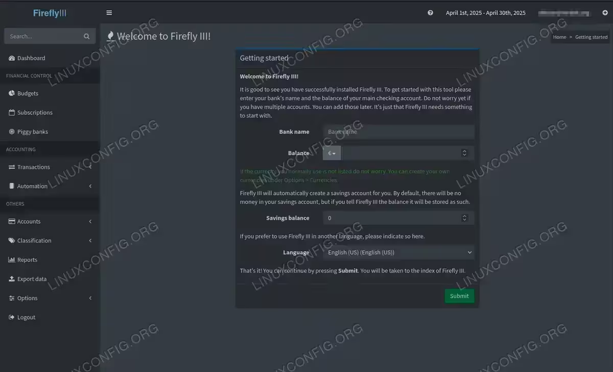 Firefly III welcome page after creating admin account