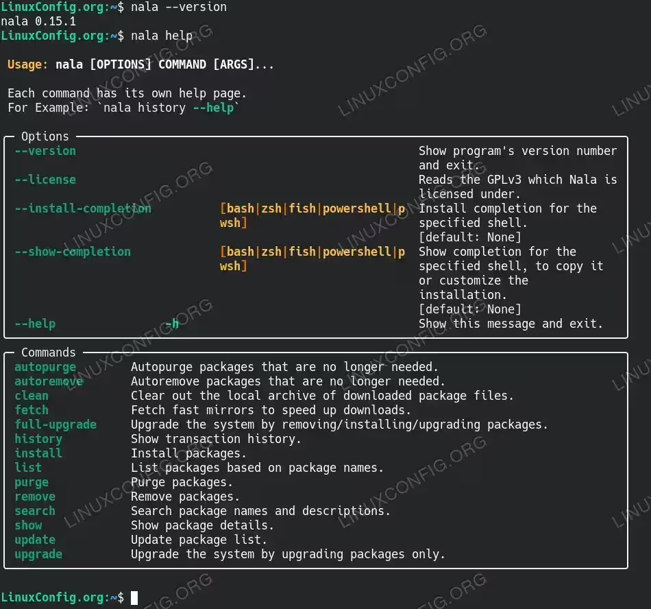 Nala version and help command showing available options and commands