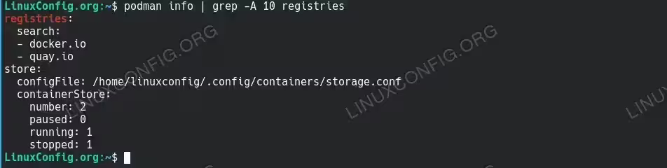 Podman configured registries. The output should show docker.io and quay.io