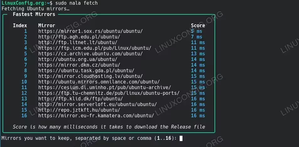 Nala fetch command showing mirror testing with speeds in milliseconds