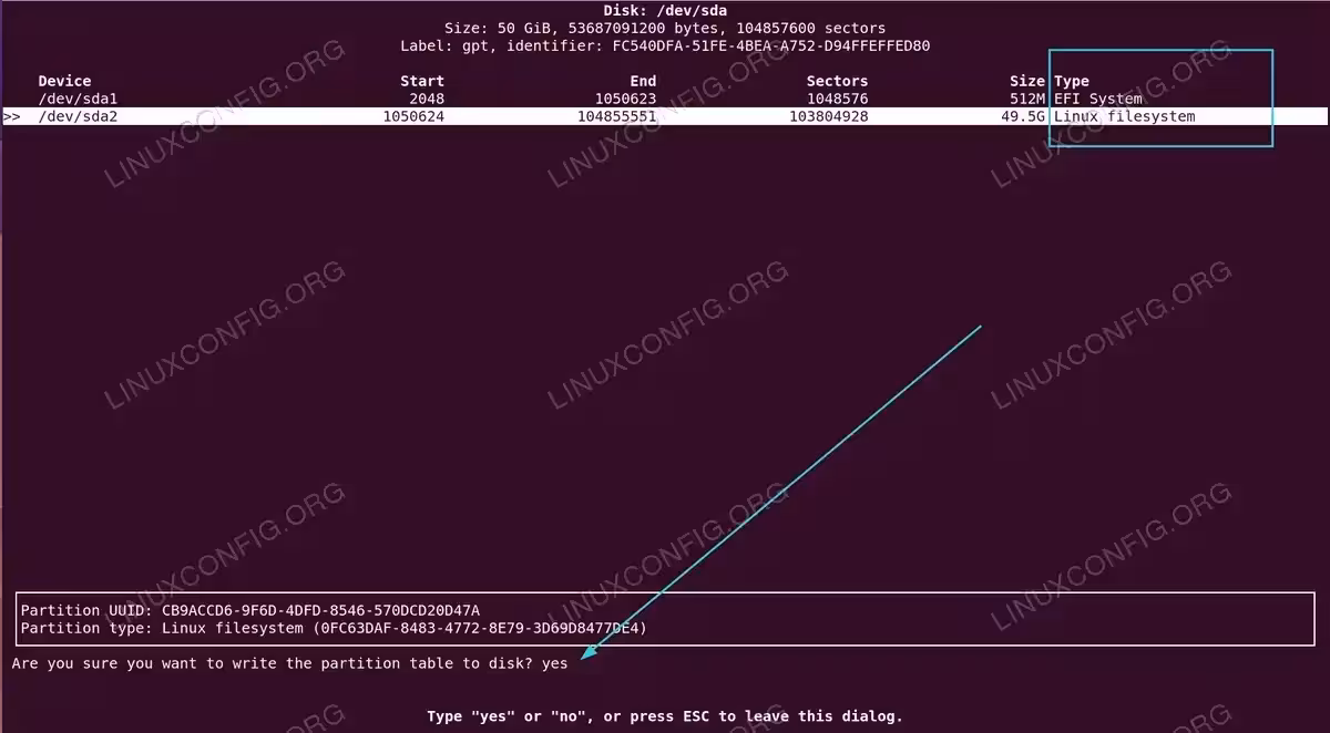 Confirming partition table write in cfdisk during Arch Linux installation
