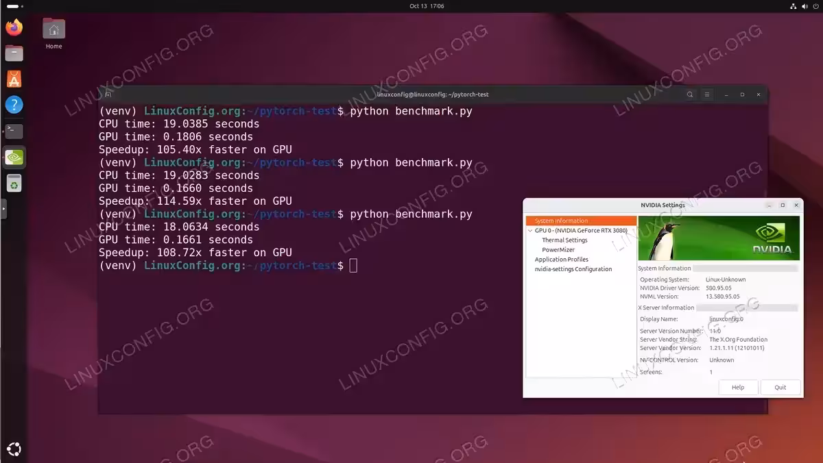 Terminal showing PyTorch GPU benchmark results with 105-114x speedup over CPU, alongside NVIDIA Settings window displaying RTX 3080 information on Ubuntu