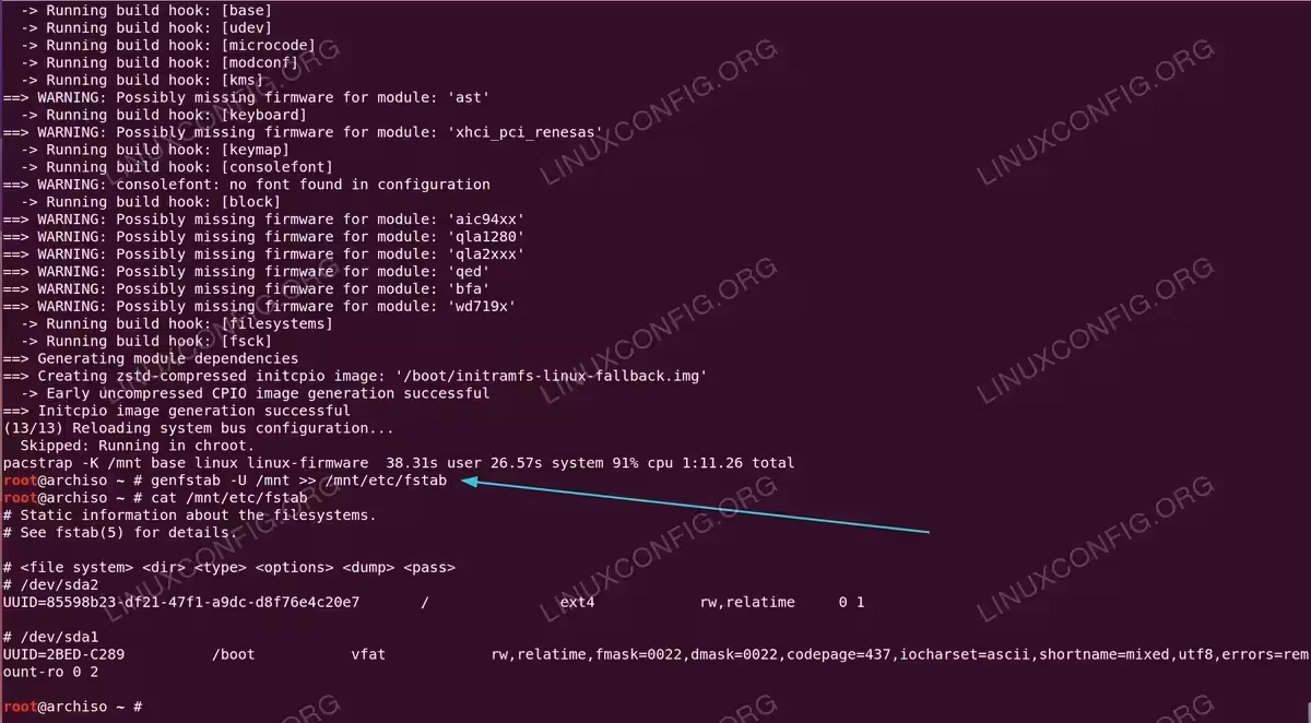 Base system installation with pacstrap and fstab generation in Arch Linux