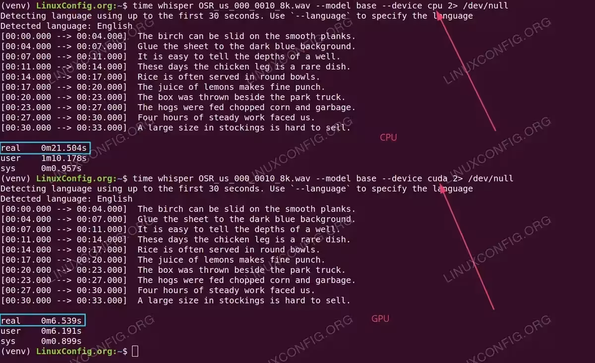 Whisper CPU vs GPU performance comparison showing 21.5 seconds for CPU versus 6.5 seconds for GPU transcription