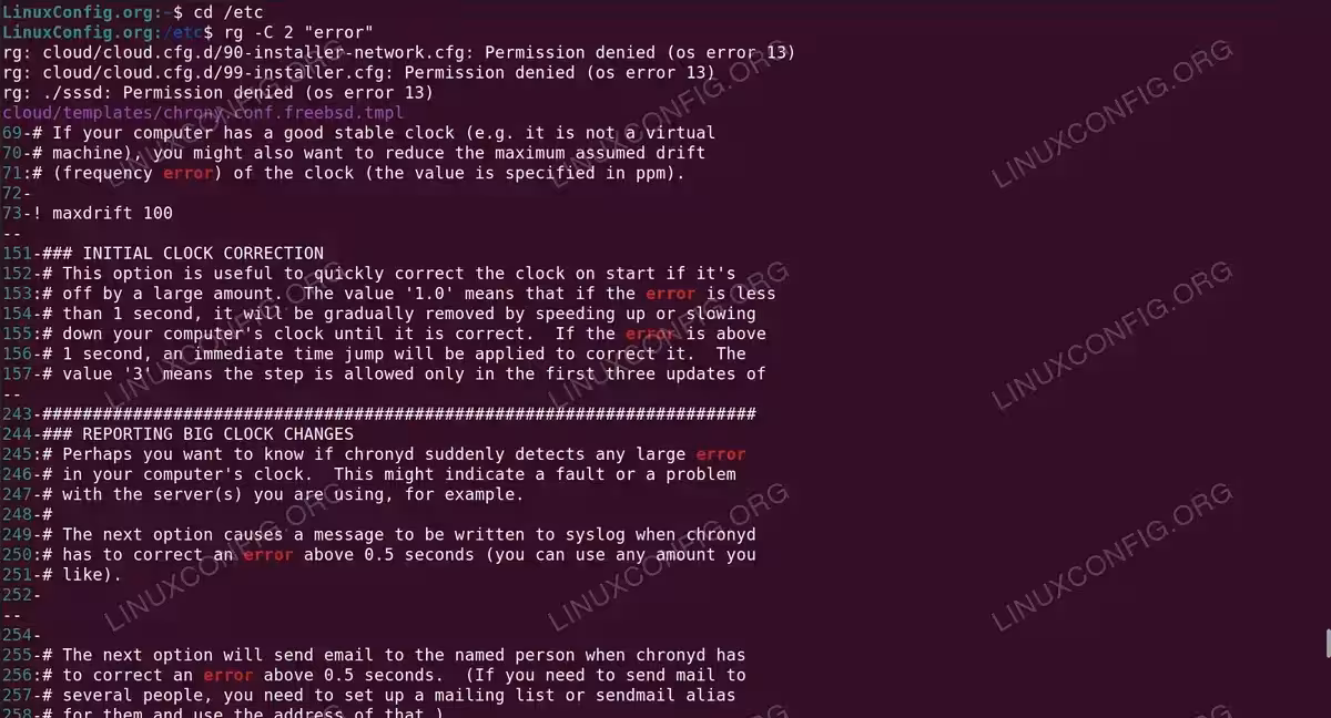 ripgrep searching for error pattern in /etc directory with context lines showing matches in configuration files