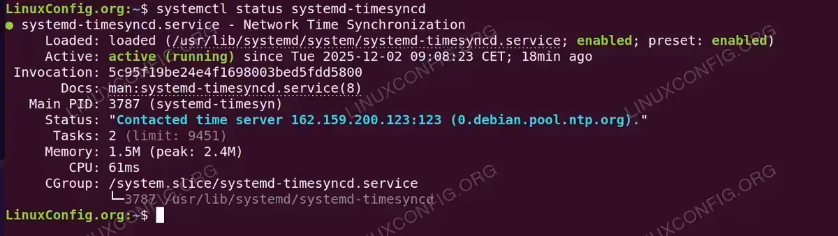 systemctl status systemd-timesyncd showing active running state and contacted NTP server