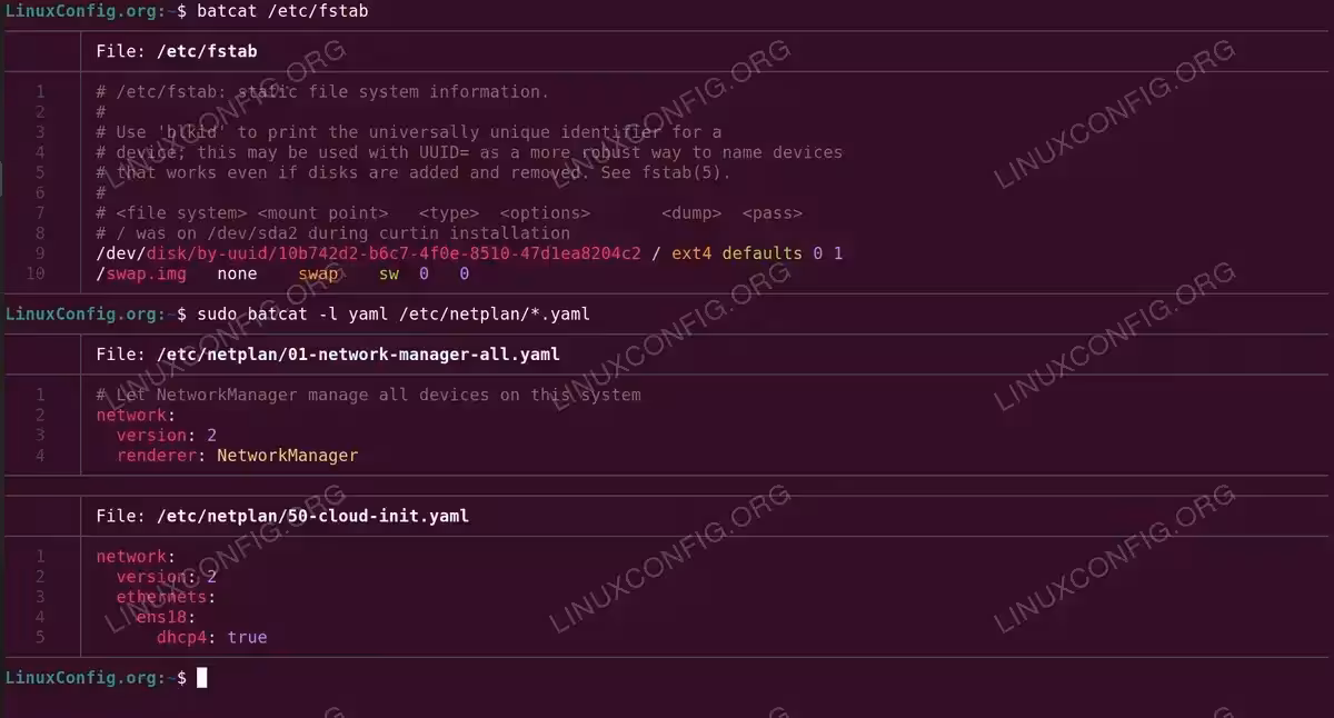 bat displaying /etc/fstab and netplan YAML files with syntax highlighting and line numbers