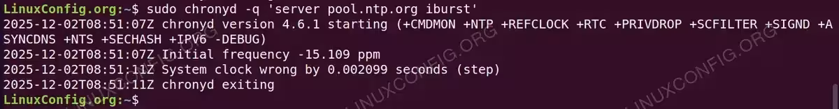 chronyd -q command performing one-time NTP sync and correcting system clock