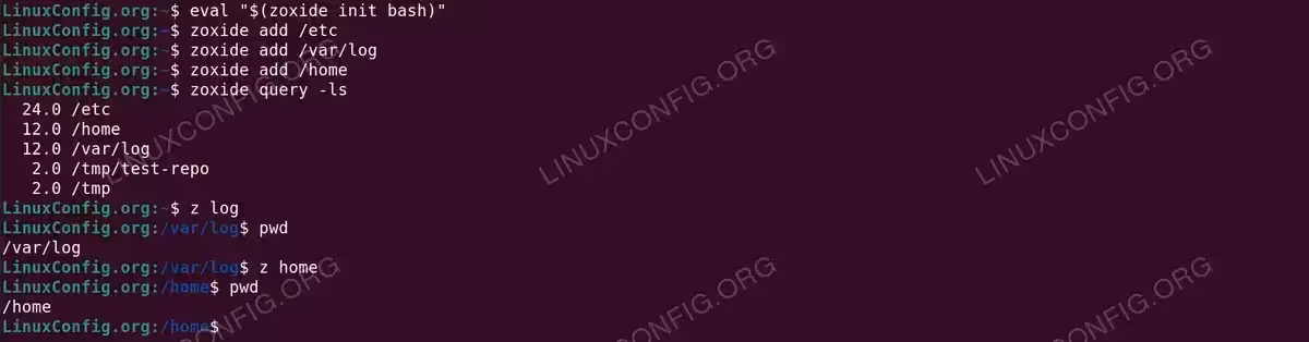 zoxide initialization, adding directories, querying database, and jumping between directories with partial names