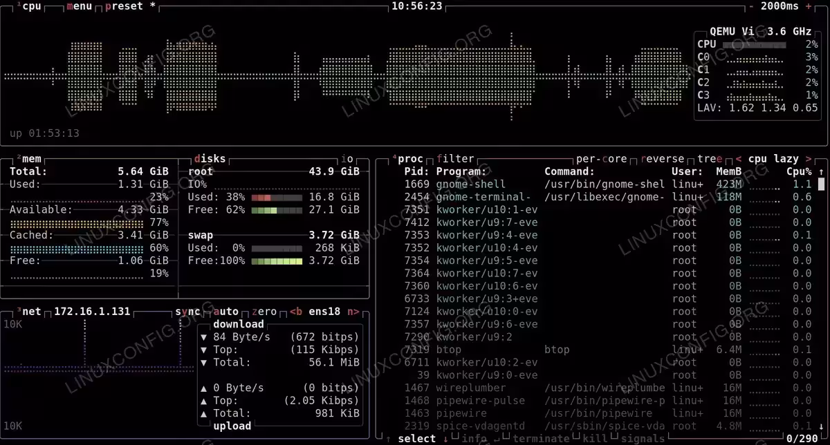 btop system monitor showing CPU graphs, memory usage, disk I/O, network stats, and process list
