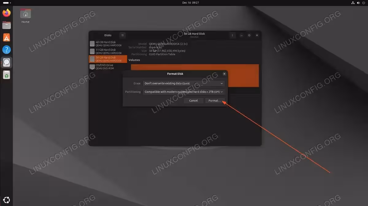 Format Disk dialog showing erase and GPT partitioning options