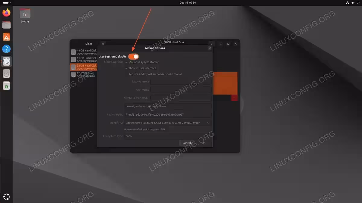 Mount Options dialog with User Session Defaults toggle