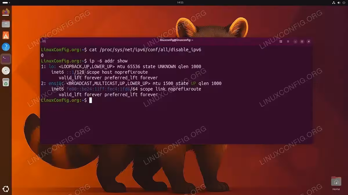 Checking IPv6 status on Ubuntu 26.04 showing enabled IPv6 addresses on loopback and ens18 interfaces