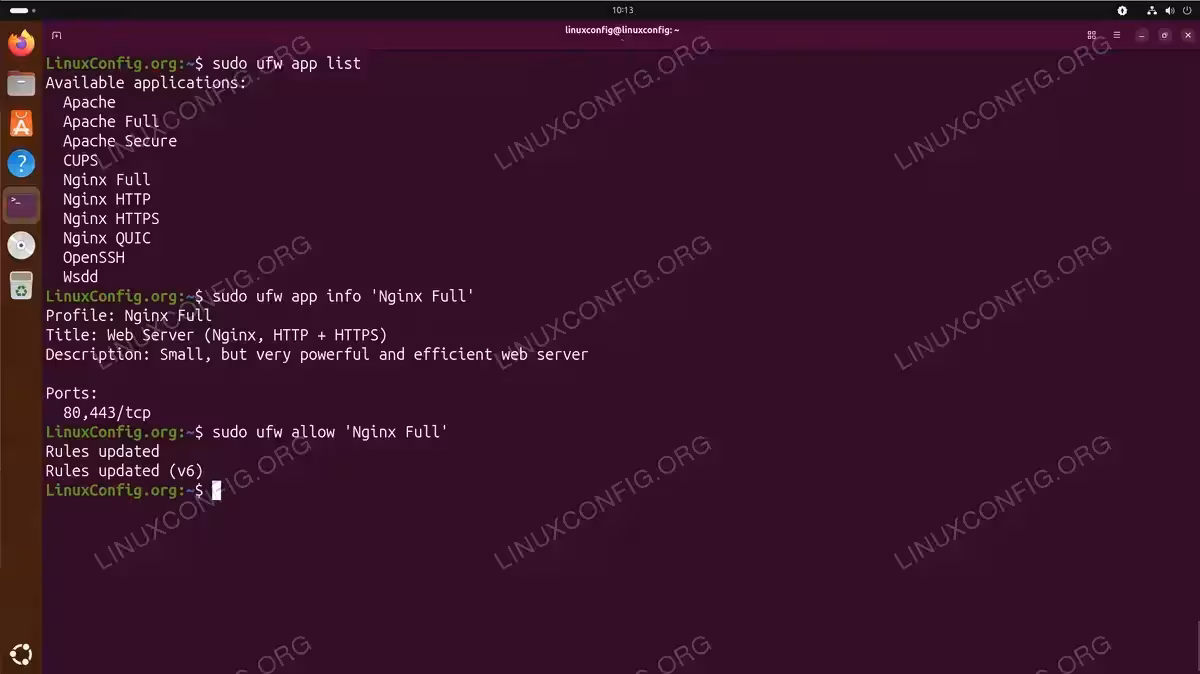Terminal showing UFW application profiles list including Apache, Nginx, and OpenSSH, with detailed info for Nginx Full profile displaying ports 80 and 443