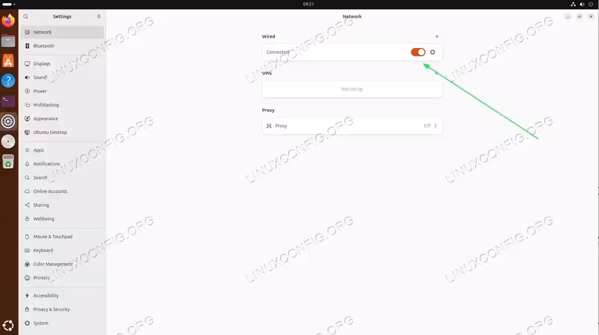 Ubuntu 26.04 Network Settings window showing Wired connection toggle switch in the on position with green arrow indicator