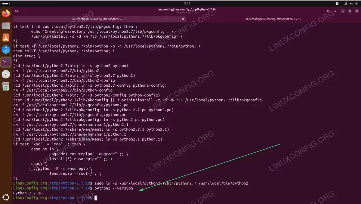 Manual compilation of Python 2.7 on Ubuntu with terminal commands and version verification output