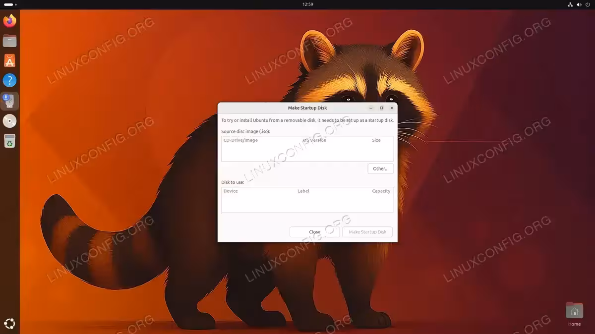 Startup Disk Creator main window on Ubuntu 26.04 showing source disc image selection area at top and disk to use selection area at bottom with Other, Close, and Make Startup Disk buttons