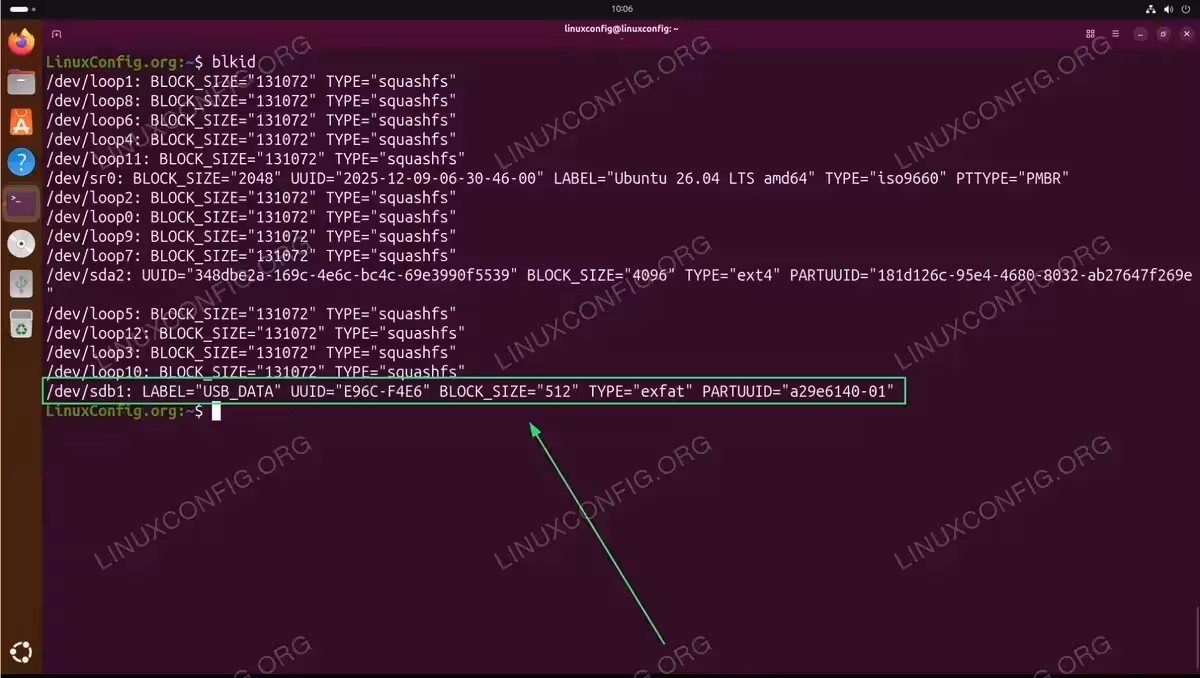 Terminal output of blkid command showing USB drive /dev/sdb1 with LABEL USB_DATA, UUID E96C-F4E6, and TYPE exfat highlighted on Ubuntu 26.04