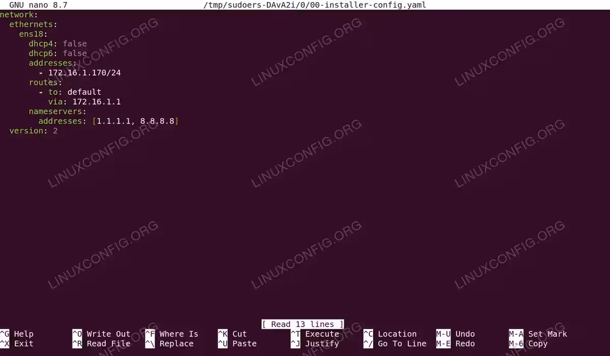 ALT: Nano editor showing Netplan static IP configuration file with dhcp4 disabled and static address 172.16.1.170 on Ubuntu 26.04 Server