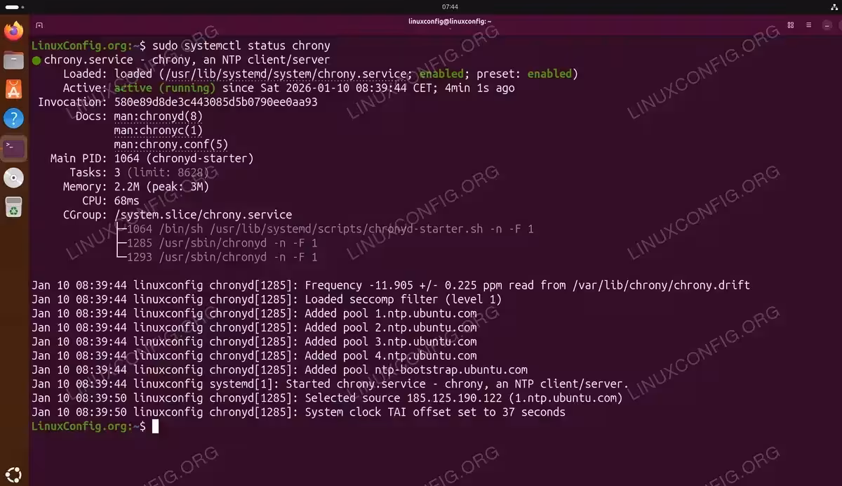 Terminal output of systemctl status chrony command showing active running service with NTP pools loaded on Ubuntu 26.04