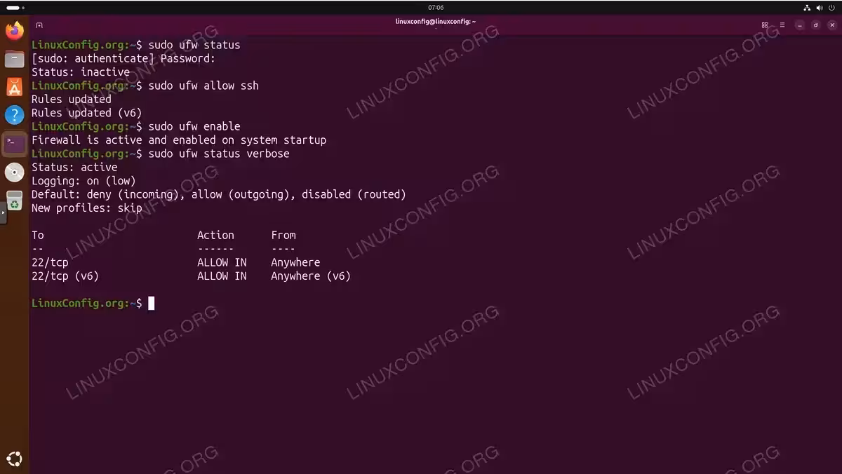 Terminal output showing UFW firewall activation sequence on Ubuntu 26.04 including status check, allowing SSH, enabling firewall, and verbose status display with active rules