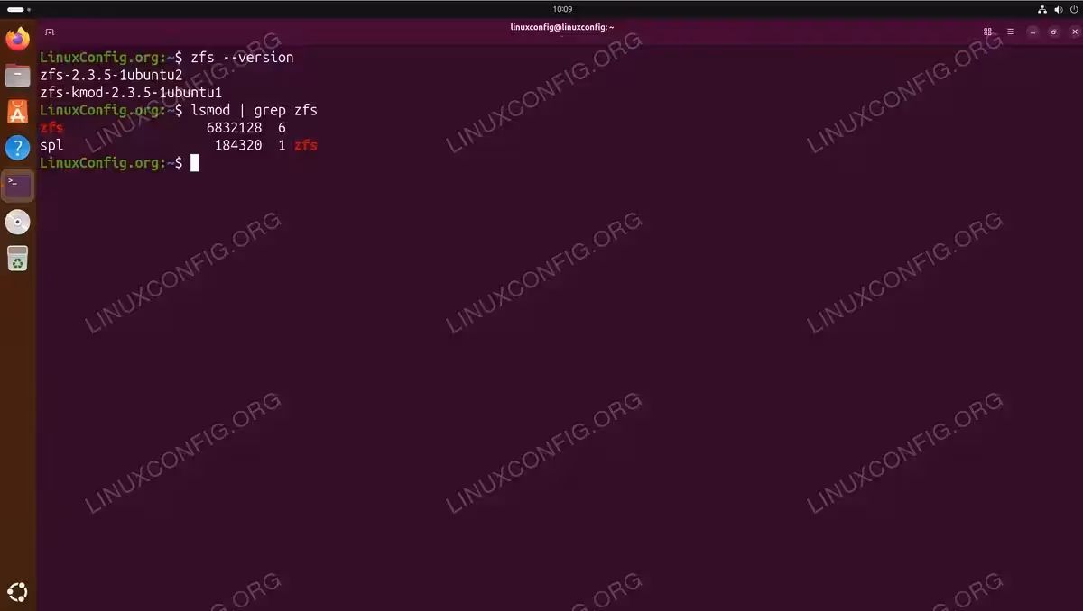 Terminal output showing zfs --version command displaying zfs-2.3.5-1ubuntu2 and zfs-kmod-2.3.5-1ubuntu1, followed by lsmod grep zfs showing zfs and spl kernel modules loaded on Ubuntu 26.04