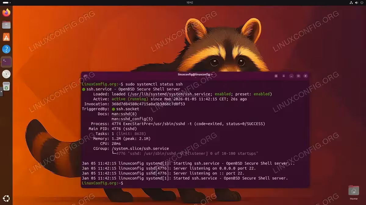 SSH service status showing active running state on Ubuntu 26.04