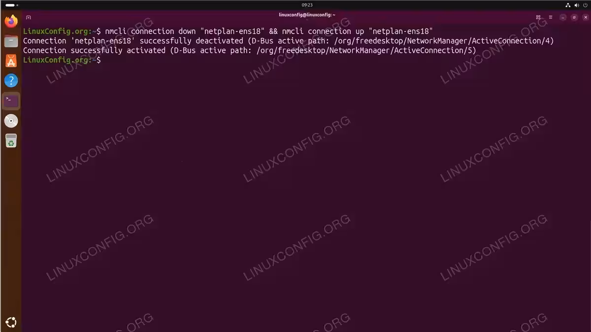 Terminal output showing nmcli commands to restart netplan-ens18 network connection on Ubuntu 26.04