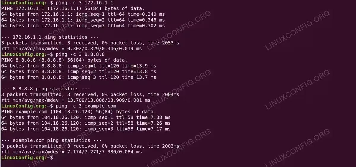 Terminal showing successful ping tests to gateway 172.16.1.1, Google DNS 8.8.8.8, and example.com confirming static IP and DNS configuration on Ubuntu 26.04