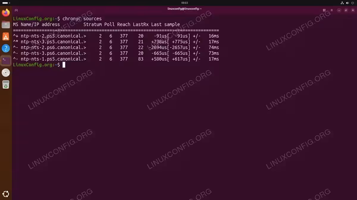 Ubuntu 26.04 terminal showing chronyc sources command output displaying five NTS servers from Canonical with synchronization status and timing offsets