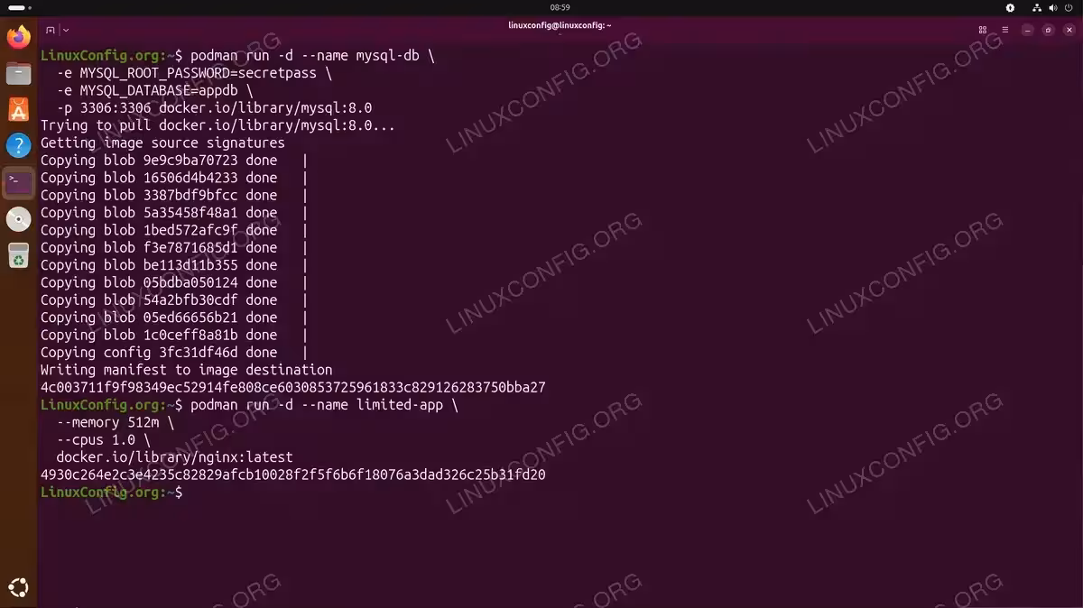 Terminal showing podman run commands creating MySQL container with environment variables and Nginx container with memory and CPU limits