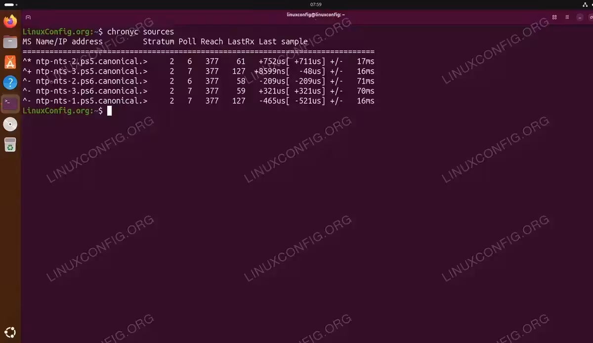 Terminal output of chronyc sources command showing five synchronized NTS servers from Canonical with stratum 2 and reach value 377